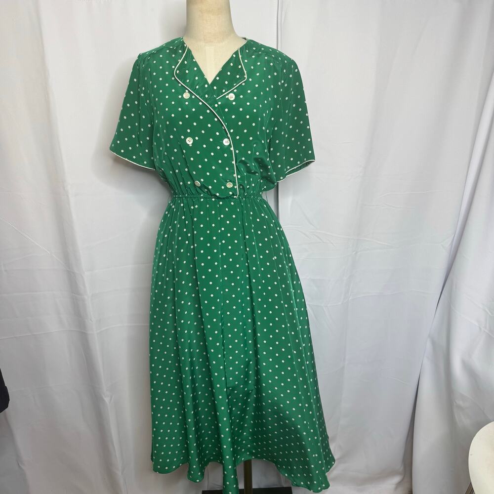 Talbots Vintage Green Polka Dot Dress Sz 4 Wrap Style Midi Made in Hong Kong